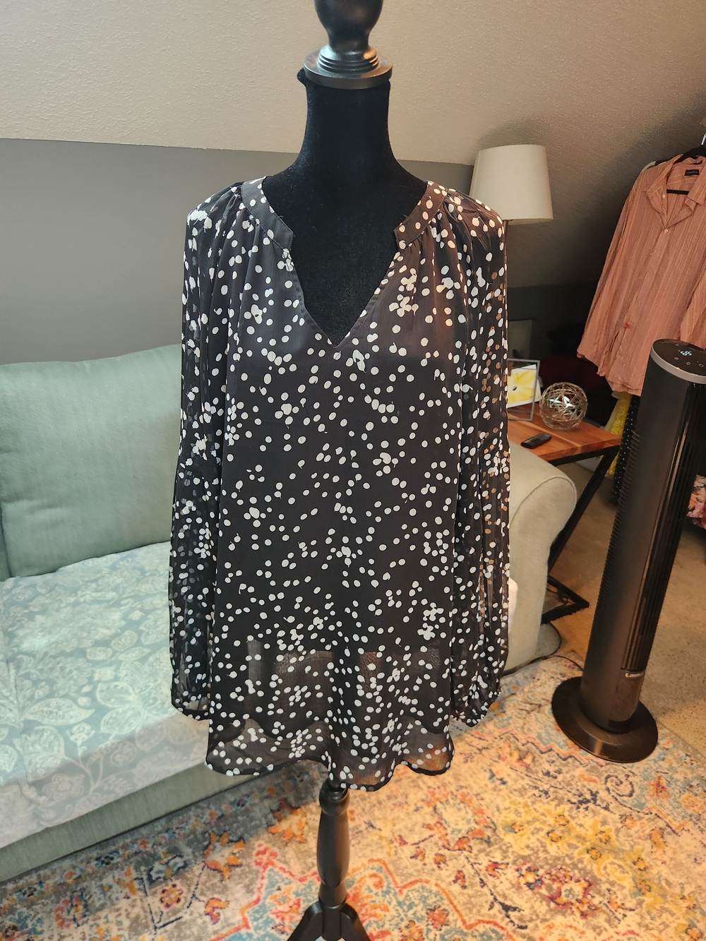 BTFBM Women's Black and White Polka Dot Long-Sleeve Blouse XL Great Cond.
